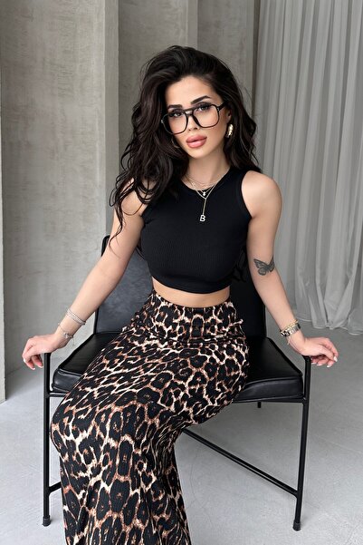 New Now Crop Tank Top with Crew Neck, Leopard Print Wrap Around Pencil Skirt Set