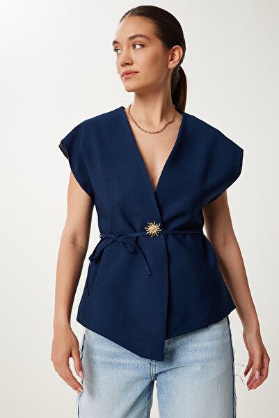 Lovelyİstanbul Stylish Buttoned Belted Woven Vest Dark Blue Lrv0096