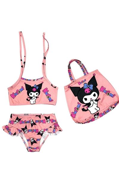 Şekerkids Girl's Powder Color Kuromi Patterned Swimsuit Set with Bag