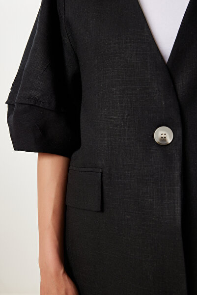 Lovelyİstanbul Καλοκαιρινό λινό μπουφάν με ένα κουμπί ΜΑΥΡΟ LWF0032