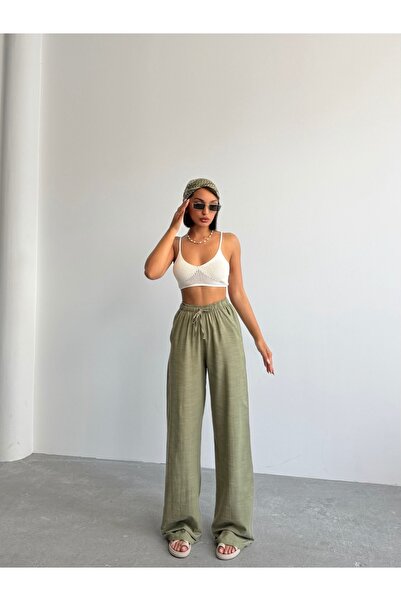 BEJNA Women's Khaki Linen Loose Cut Palazzo Trousers