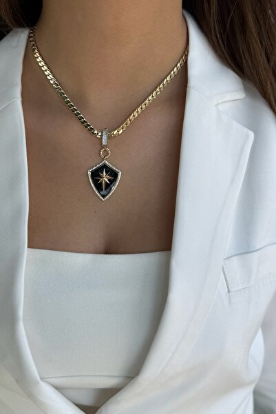 Utku Kuyumculuk 14 AYAR İTALYAN SİYAH MİNELİ KUTUPYILDIZI KALKAN ALTIN KOLYE