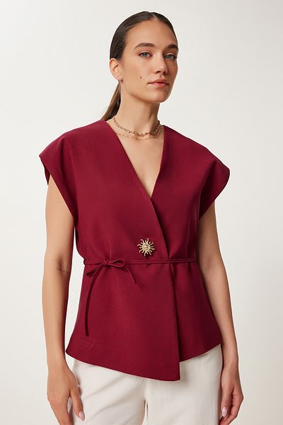 Lovelyİstanbul Vestă țesătă cu curea cu nasturi elegantă BORDO LRV0096
