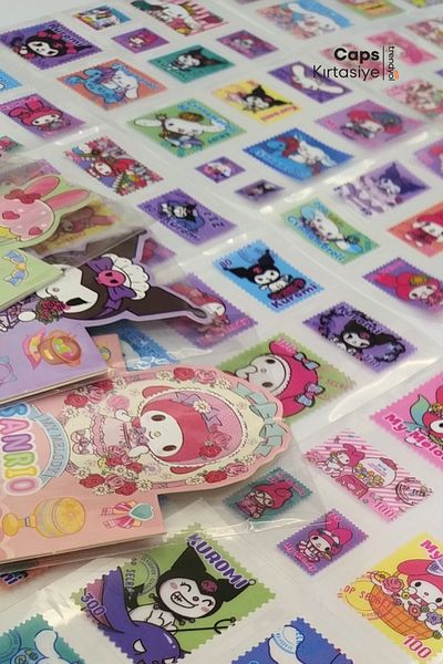 caps office Sanrio Themed 5 Sheets Flake Look Holographic Sticker Set – Kuromi, My Melody Letter Stickers