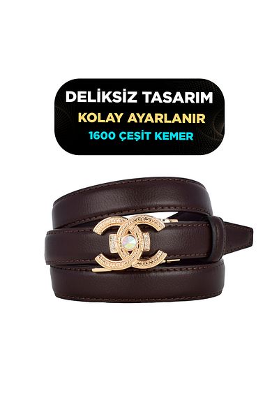 GoDeri No Hole Dark Brown Women's Belt with Automatic Buckle, Trouser Belt, Dress Belt, 2.5 Cm_Auto