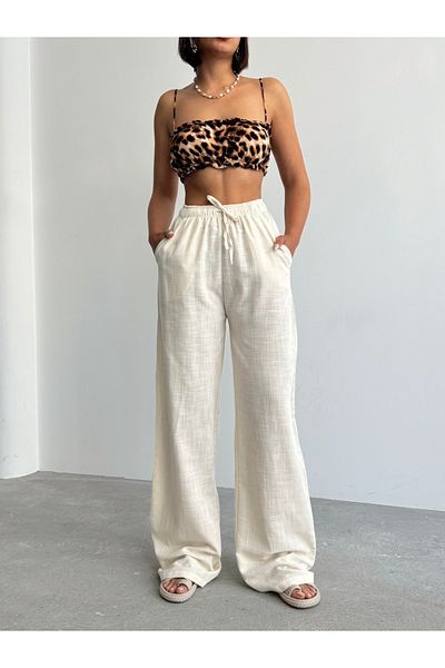 BEJNA Γυναικείο Κρεμ Λινό Παντελόνι Palazzo Loose Cut