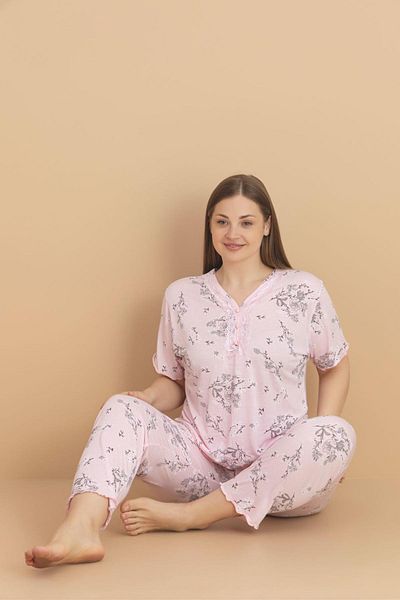 PİJAMERRY Pijamerry Women Plus Size Lace Collar Bamboo Short Sleeve Thin Pajama Set 5989 - 1 Pcs