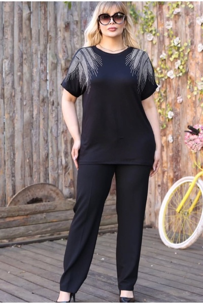 ZY BUTİK Black Large Size Stylish Combed Cotton Short Sleeve Blouse with Stone Detail