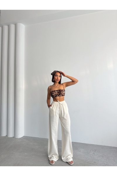 BEJNA Γυναικείο Κρεμ Λινό Παντελόνι Palazzo Loose Cut