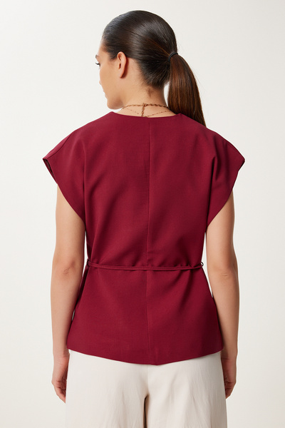 Lovelyİstanbul Stylish Buttoned Belted Woven Vest Claret Red Lrv0096
