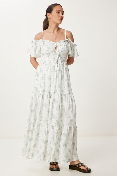 Lovelyİstanbul Rochie de vară lungă din viscoză cu modele cu bretele și volane ECRU GREEN LUB0112