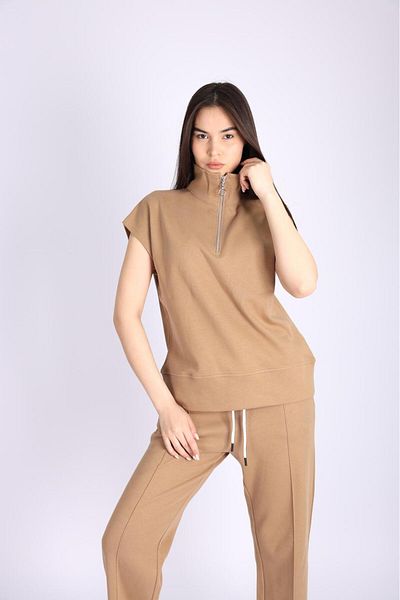 PRADIER Brown Zippered Short Sleeve Women's Tracksuit Suit
