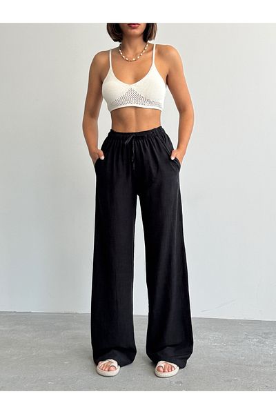 BEJNA Women's Black Linen Loose Cut Palazzo Trousers
