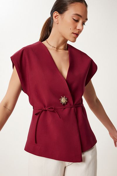 Lovelyİstanbul Vestă țesătă cu curea cu nasturi elegantă BORDO LRV0096
