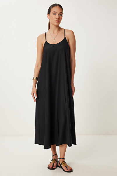 Lovelyİstanbul Askılı Dökümlü Şık Elbise SİYAH LGK0004