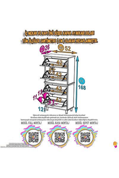 Modilayn Umay' 2 Li Kapı Önü 52 X 160 X 25,5 Cm’ Lik 4 Düşer Kapak 8 Göz Bölmeli Ayakkabılık