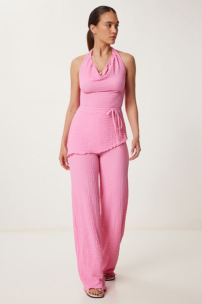 Lovelyİstanbul Halter Blouse Pants Stretchy Knitted Suit Pink Ldp0048