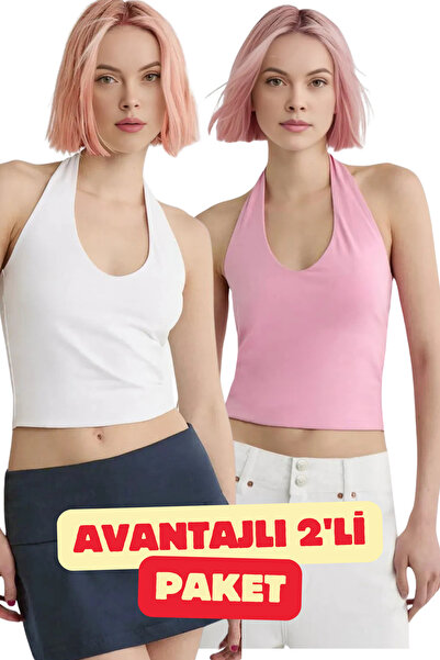 dgs look Жіночий біло-рожевий 2-компонентний топ з круглим вирізом