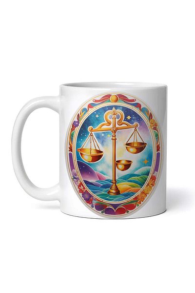 OEM Cană albă personalizată, Balanță cu farfurii goale, simbol zodiacal Balanță, INOVATIX®. 330ml