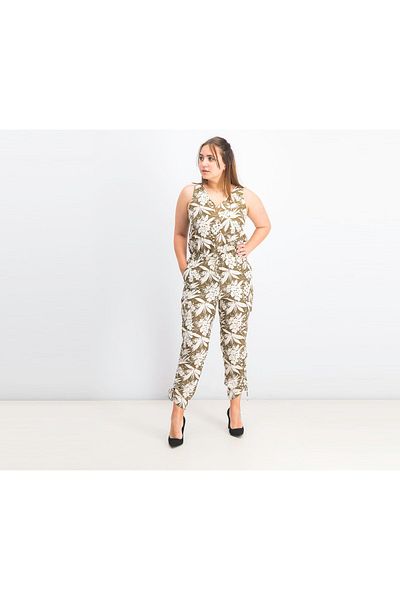 Ralph Lauren Women Sleeveless Botanical,print Jumpsuit, Ivory And Olive