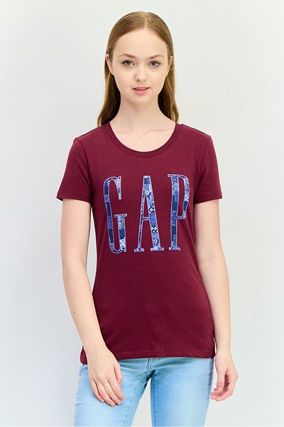 GAP Women Round Neck Short Sleeves Brand Logo T-Shirt, Maroon