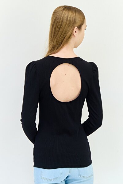 GAP Women Crew Neck Long Sleeves Ribbed Top, Black