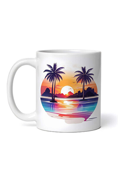 OEM Cană albă personalizată, Apus de soare cu palmieri, INOVATIX®. 330ml