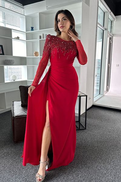 İyem Abiye Stone Embroidered Long Tulle Sleeve and Allerli Crepe Design Evening Dress Full Pattern
