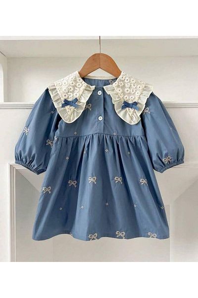 2kids2mom Girl's Baby Collar Bow Embroidered Dress