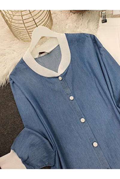 HİJABAYA Buttoned Denim Tunic with Ribbed Collar and Hem