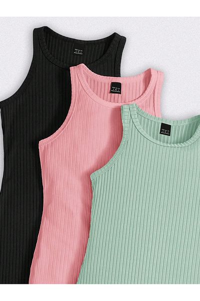 şems fashion 3 Pack Black Pink Green Slimfit Mini Size 100% Cotton Crew Neck Casual Camisole Women's Dress