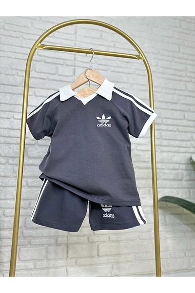 2kids2mom Text Detailed Polo Collar Tshirt and Shorts Bottom Top Boy's Set Anthracite