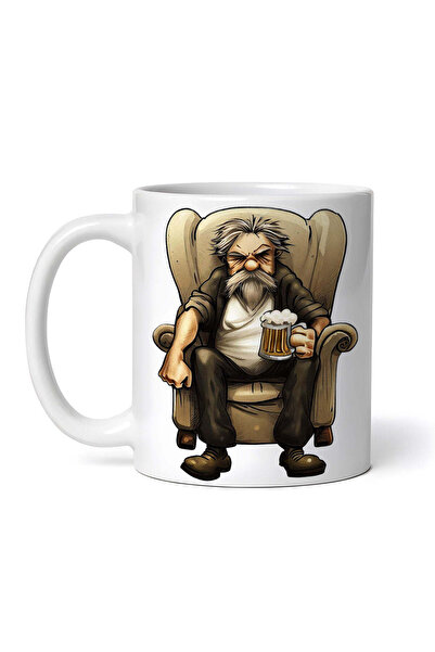 OEM Cană albă personalizată, Bătrânul ciufulit bea bere, INOVATIX®. 330ml