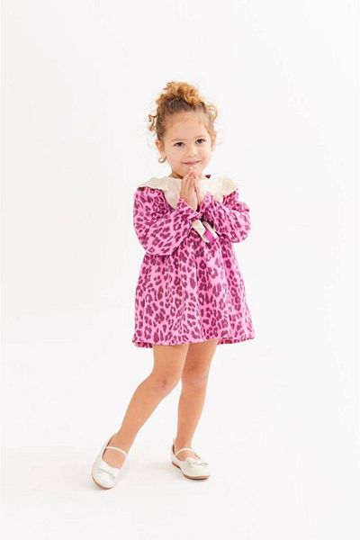 2kids2mom Rochie de sărbători pentru fetiță, roz, cu imprimeu leopard, cu guler din dantelă, cu mâneci lungi