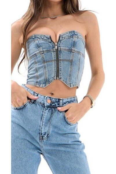 elegante moda Denim crop korse fermuar detay