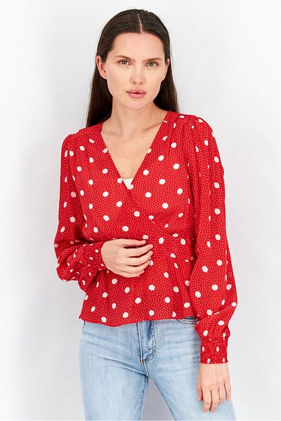 The Kooples Women Lapel Long Sleeve Polka Dots Top, Red