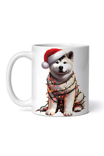 OEM Cană albă personalizată, Akita Husky, de purtat cu luminițe de Crăciun, I...