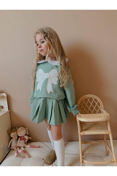 2kids2mom Girl's Blue Floral Patterned Collar Lace Detailed Long Sleeve Eid Dress