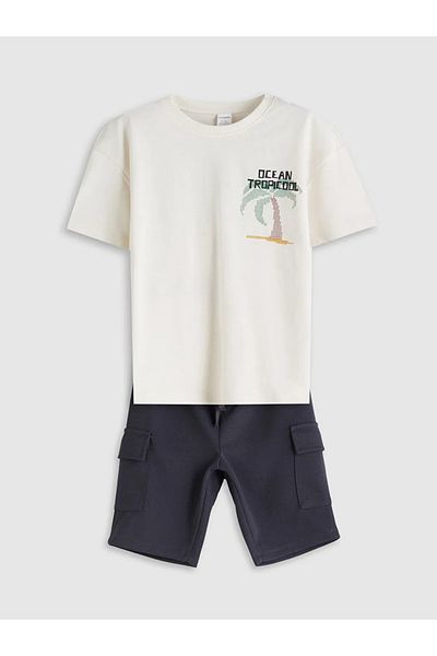 LC Waikiki Lcw Kids Beige Printed Boys' T-Shirt and Pocket Shorts Pack of 2