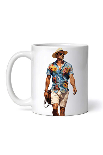 OEM Cană albă personalizată, Bărbat cu pantaloni scurți albi și cămașă albă cu imprimeu floral, Inovatix®. 330 ml