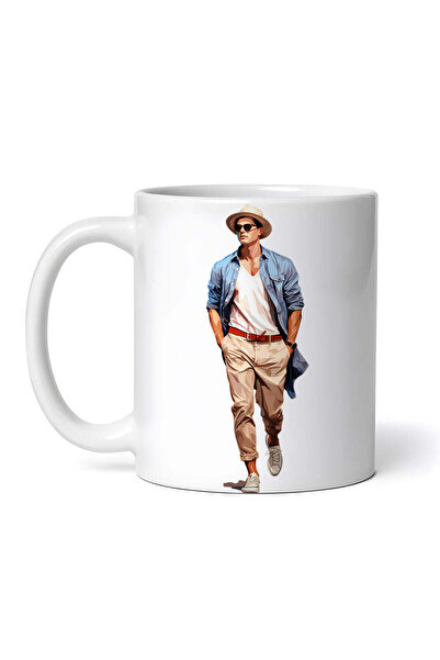 OEM Cană albă personalizată, Bărbat cu pantaloni de vară bej și jachetă albas...