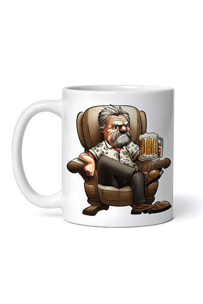 OEM Cană albă personalizată, Bătrân în fotoliu bând bere, INOVATIX®. 330ml