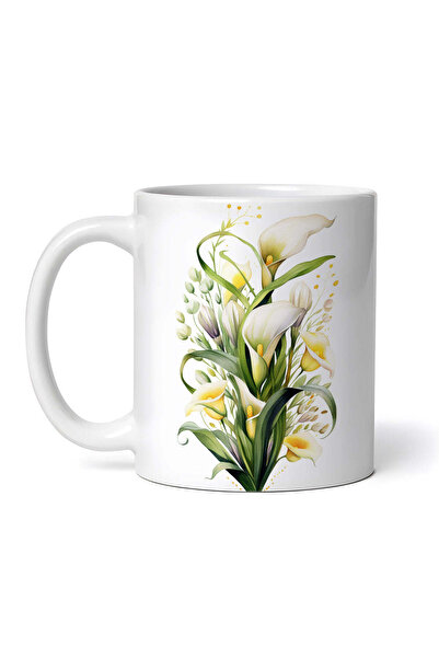 OEM Cană albă personalizată, Buchet de crini galbeni cu flori albe, INOVATIX®...