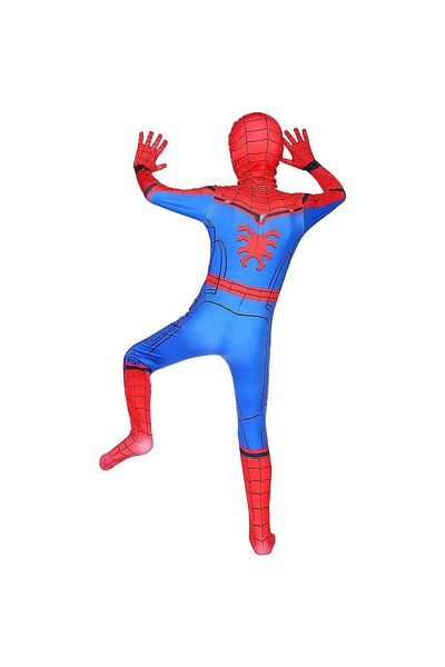 OEM Costum pentru copii, cu glugă și mănuși, supererou, lycra, vârste 3-4 ani, 110 cm, albastru/roșu