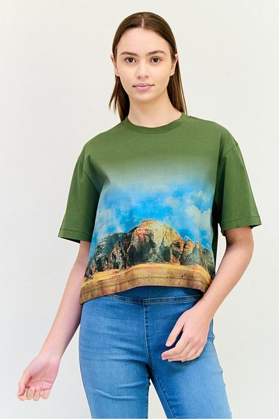 Esprit Women Oversized Crew Neck Short Sleeves Graphic Print Crop Top, Multicolor