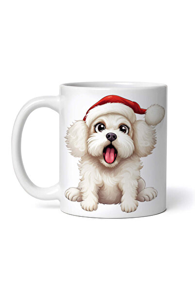 OEM Cană albă personalizată, Bichon cu pălărie de Moș Crăciun, INOVATIX®. 330ml