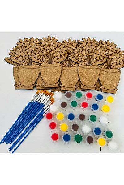 WoodStory Ahşap Boyama Oyuncak Seti – 10 Vazo Figürü + 5 Akrilik Boya + 10 Fı...