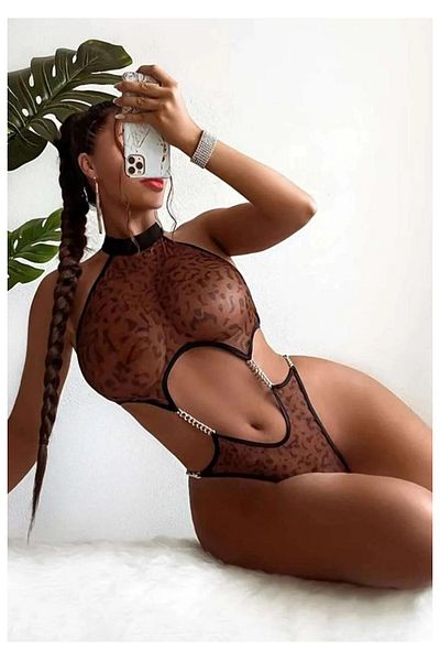 SiaLess Lingerie Women's Leopard Black Chain Detailed Sexy Babydoll Body Special Night Wear