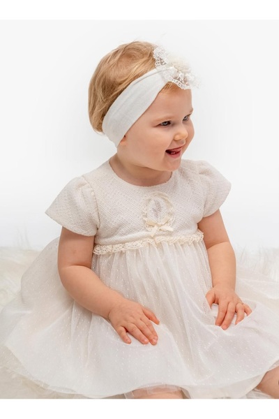 NoyNoy Baby Ekru Dantelli Vintage Kız Bebek Elbisesi