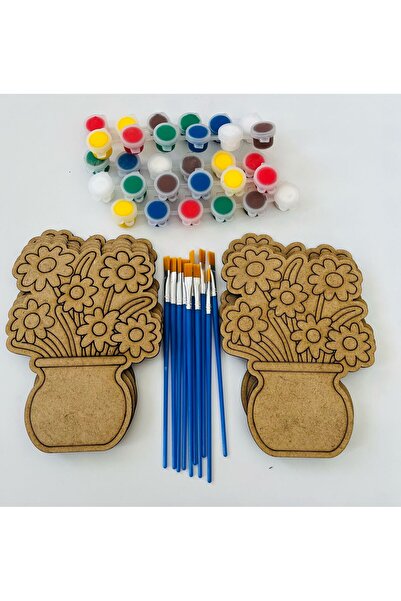 WoodStory Ahşap Boyama Oyuncak Seti – 10 Çiçek Figürü + 5 Akrilik Boya + 10 Fırça | Küçük Grup Sanat Seti